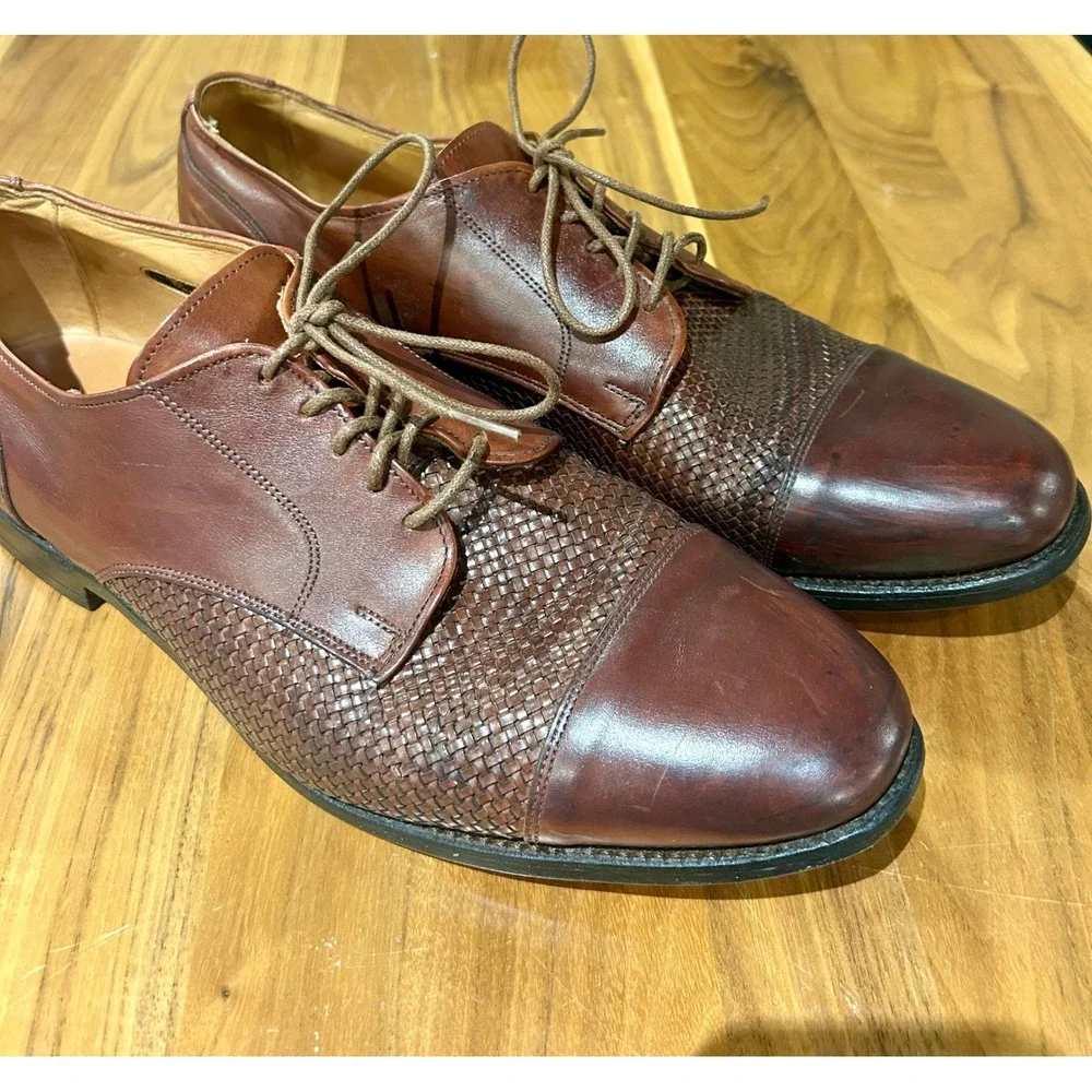 Allen Edmonds Lauderdale Brown Woven Leather Cap Toe Oxford Mens 14 D 3729